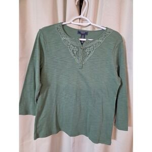 Chaps Denim Sage Green Lace Henley Top 3/4 Sleeve Cotton XL